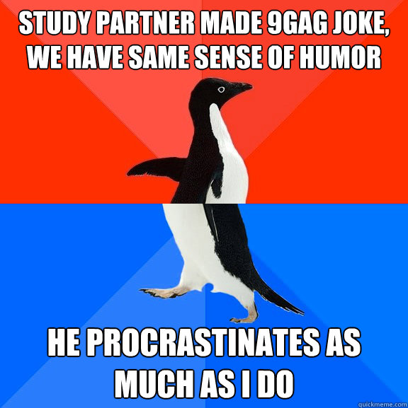 Study partner made 9gag joke, we have same sense of humor He procrastinates as much as I do  Socially Awesome Awkward Penguin