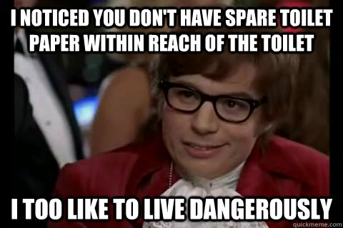 I noticed you don't have spare toilet paper within reach of the toilet i too like to live dangerously  Dangerously - Austin Powers