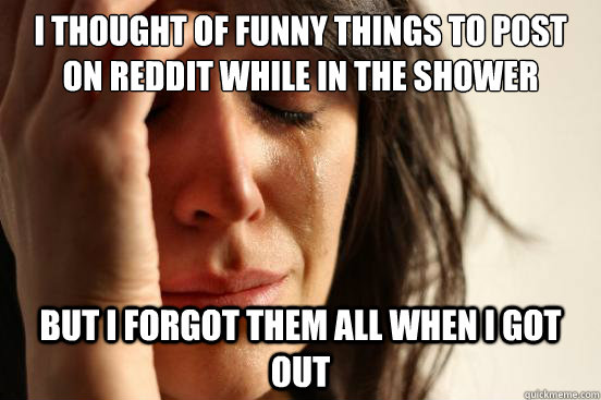 I thought of funny things to post on Reddit while in the shower  But i forgot them all when i got out  First World Problems