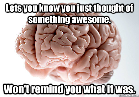 Lets you know you just thought of something awesome. Won't remind you what it was.  - Lets you know you just thought of something awesome. Won't remind you what it was.   Scumbag Brain