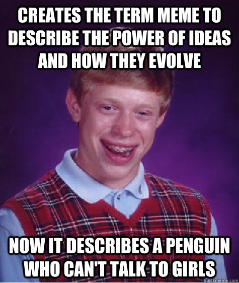 creates the term meme to describe the power of ideas and how they evolve now it describes a penguin who can't talk to girls  Bad Luck Brian