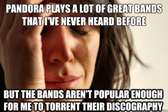 Pandora plays a lot of great bands that i've never heard before but the bands aren't popular enough for me to torrent their discography  First World Problems