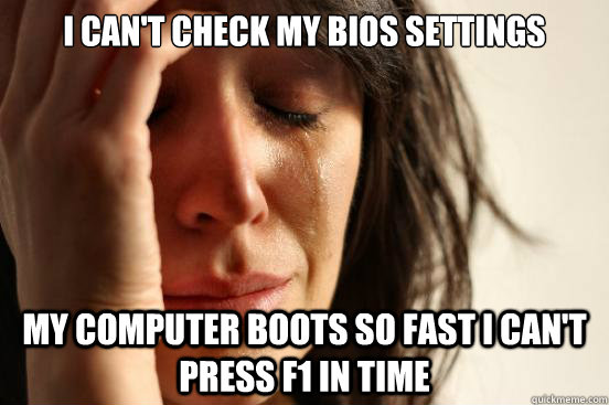 I can't check my bios settings My computer boots so fast I can't press f1 in time  First World Problems