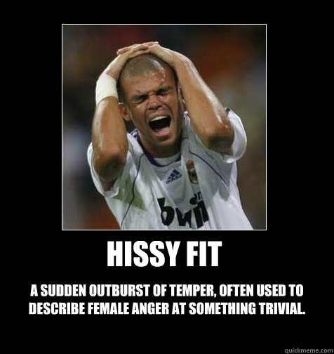 Hissy Fit A sudden outburst of temper, often used to describe female anger at something trivial. - Hissy Fit A sudden outburst of temper, often used to describe female anger at something trivial.  Pepe hissy fit