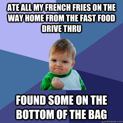 Ate all my french fries on the way home from the fast food drive thru Found some on the bottom of the bag  Success Kid