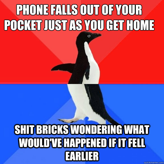 Phone falls out of your pocket just as you get home shit bricks wondering what would've happened if it fell earlier  Socially Awksome Penguin