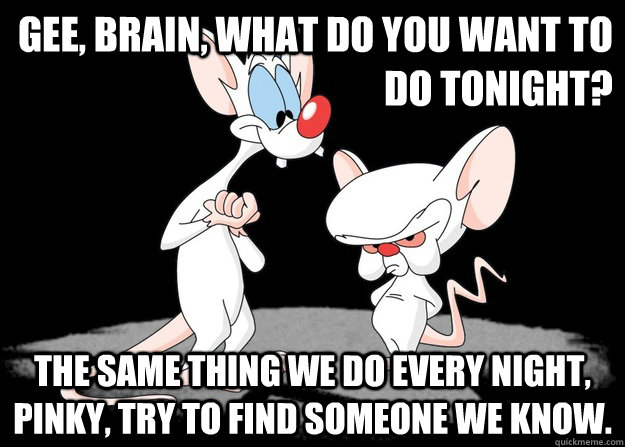 gee, brain, what do you want to do tonight? The Same Thing we do every night, pinky, try to find someone we know. - gee, brain, what do you want to do tonight? The Same Thing we do every night, pinky, try to find someone we know.  Pinky and the Brain