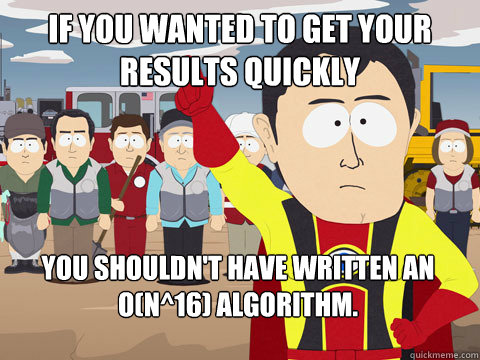 If you wanted to get your results quickly You shouldn't have written an O(n^16) Algorithm.  Captain Hindsight