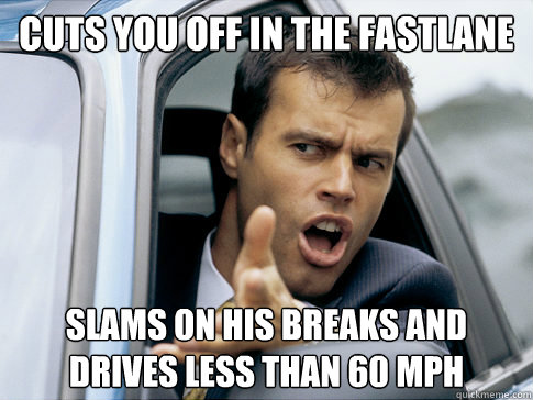 cuts you off in the fastlane slams on his breaks and drives less than 60 mph  Asshole driver