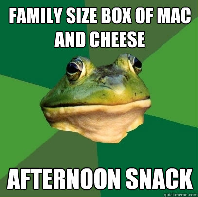 family size box of mac and cheese afternoon snack  Foul Bachelor Frog