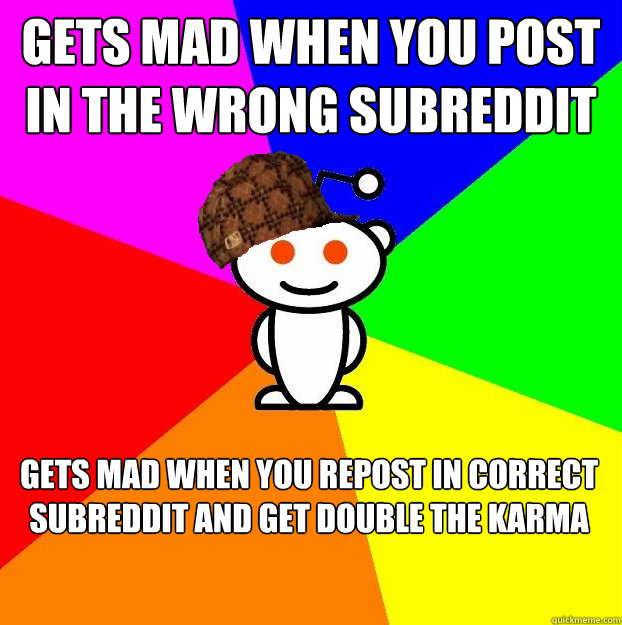 Gets mad when you post in the wrong subreddit Gets mad when you repost in correct subreddit and get double the Karma  Scumbag Redditor