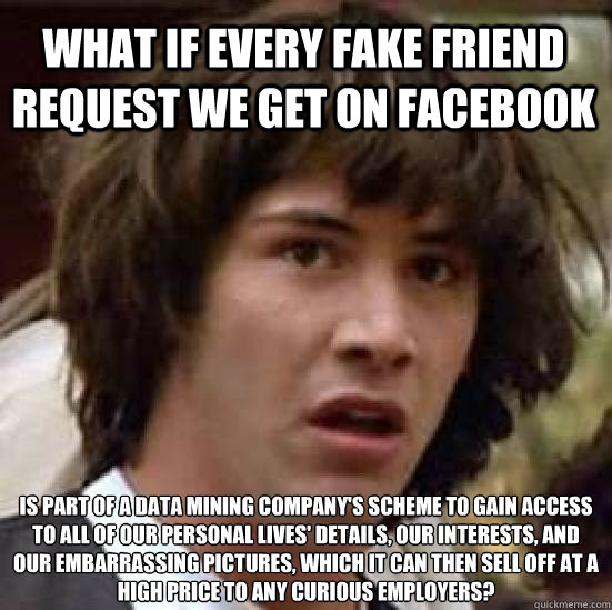 What if every fake friend request we get on facebook is part of a data mining company's scheme to gain access to all of our personal lives' details, our interests, and our embarrassing pictures, which it can then sell off at a high price to any curious em  conspiracy keanu
