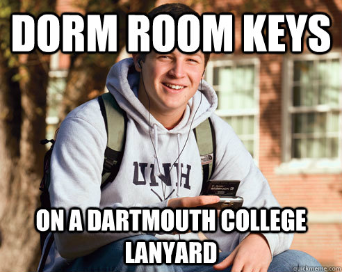 Dorm room keys on a dartmouth college lanyard  College Freshman