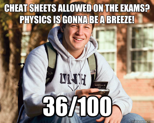 Cheat sheets allowed on the exams? Physics is gonna be a breeze! 36/100  College Freshman