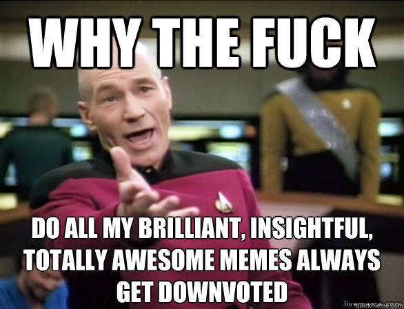 why the fuck do all my brilliant, insightful, totally awesome memes always get downvoted  Annoyed Picard HD