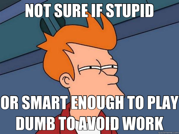 NOT SURE IF STUPID OR SMART ENOUGH TO PLAY DUMB TO AVOID WORK - NOT SURE IF STUPID OR SMART ENOUGH TO PLAY DUMB TO AVOID WORK  Futurama Fry