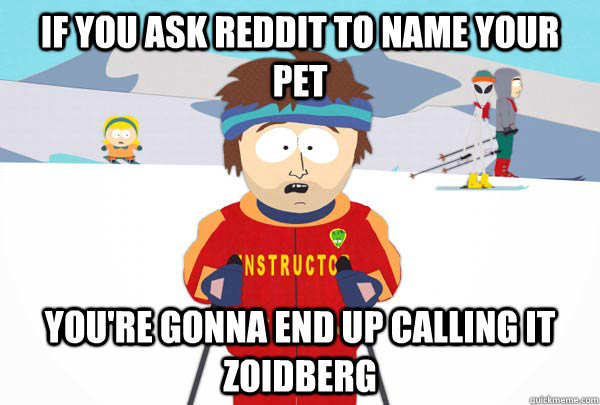 If you ask reddit to name your pet You're gonna end up calling it zoidberg  Super Cool Ski Instructor