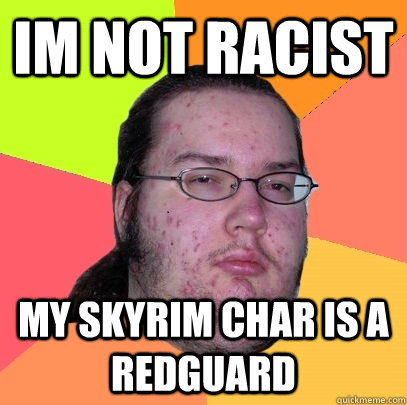 im not racist my skyrim char is a redguard  Butthurt Dweller