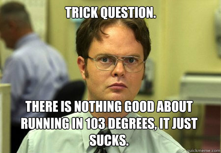 Trick question. There is nothing good about running in 103 degrees, it just sucks.  Dwight