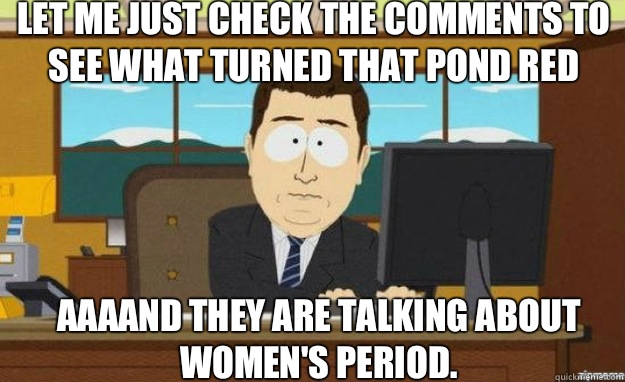 Let me just check the comments to see what turned that pond red AAAAND They are talking about women's period.   aaaand its gone