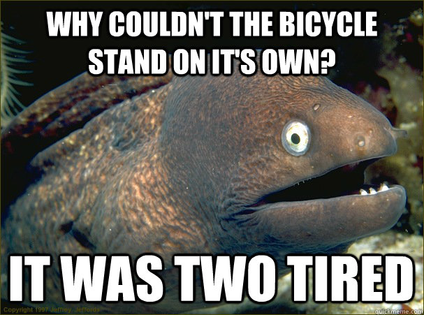 why couldn't the bicycle stand on it's own? it was two tired  Bad Joke Eel