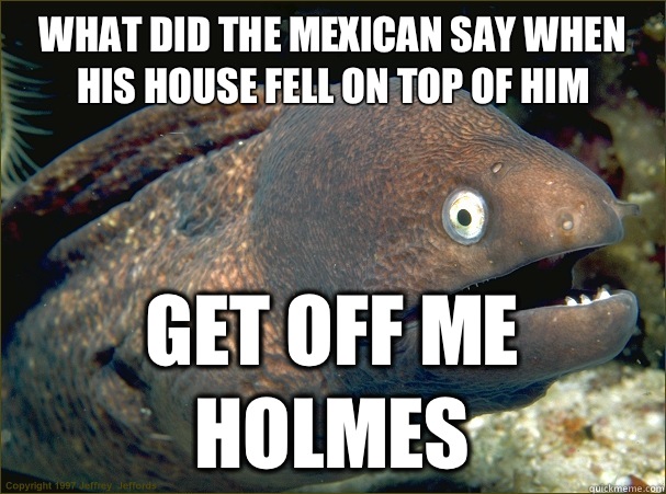 What did the Mexican say when his house fell on top of him Get off me holmes  Bad Joke Eel