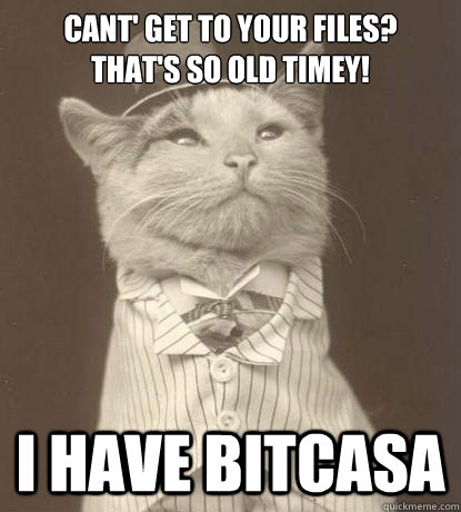 cant' get to your files?
That's so old timey! I HAVE BITCASA - cant' get to your files?
That's so old timey! I HAVE BITCASA  Aristocat