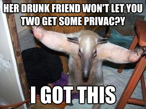 Her drunk friend won't let you two get some privac?y i got this  I got this