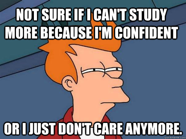 Not sure if I can't study more because I'm confident Or I just don't care anymore. - Not sure if I can't study more because I'm confident Or I just don't care anymore.  Futurama Fry