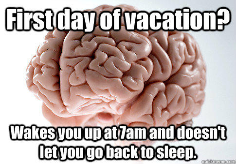 First day of vacation? Wakes you up at 7am and doesn't let you go back to sleep.  - First day of vacation? Wakes you up at 7am and doesn't let you go back to sleep.   Scumbag Brain