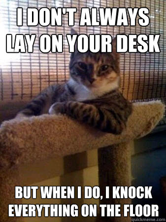 I don't always lay on your desk but when I do, I knock everything on the floor  The Most Interesting Cat in the World