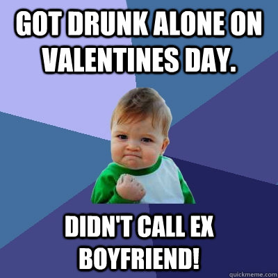 Got drunk alone on valentines day. Didn't call ex boyfriend!  Success Kid