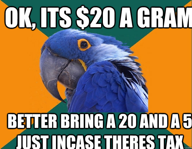 Ok, its $20 a gram better bring a 20 and a 5 just incase theres tax  Paranoid Parrot