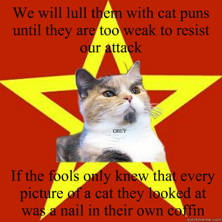 We will lull them with cat puns until they are too weak to resist our attack If the fools only knew that every picture of a cat they looked at was a nail in their own coffin OBEY  Lenin Cat