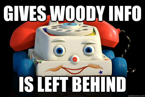 Gives Woody info  is left behind  