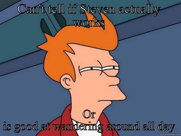CAN'T TELL IF STEVEN ACTUALLY WORKS OR IS GOOD AT WANDERING AROUND ALL DAY Futurama Fry