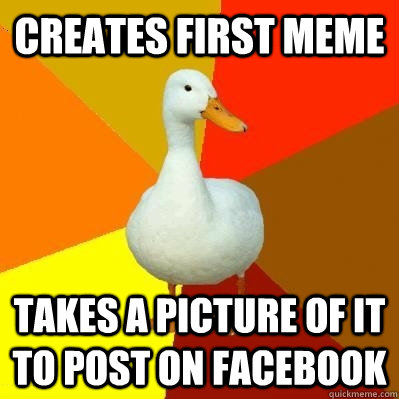 Creates first meme Takes a picture of it to post on facebook  Tech Impaired Duck