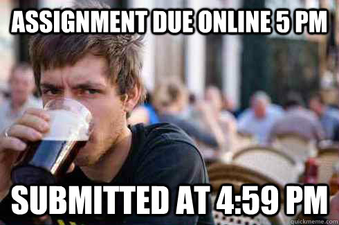 Assignment due online 5 PM submitted at 4:59 pm  Lazy College Senior