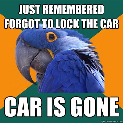 just remembered forgot to lock the car CAR IS GONE  Paranoid Parrot