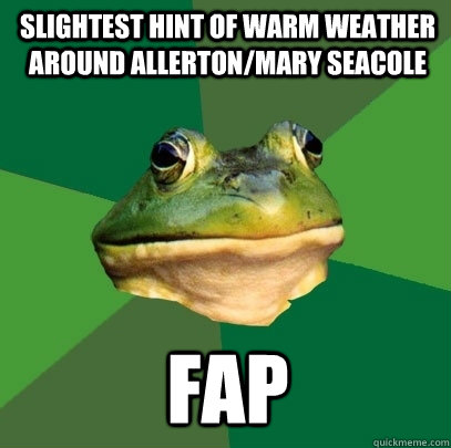 slightest hint of warm weather around allerton/mary seacole fap  Foul Bachelor Frog