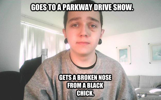 Goes to a Parkway Drive show. Gets a broken nose from a black chick.  black eye
