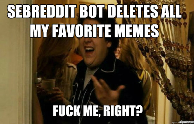 Sebreddit bot deletes all my favorite memes FUCK ME, RIGHT?  fuck me right