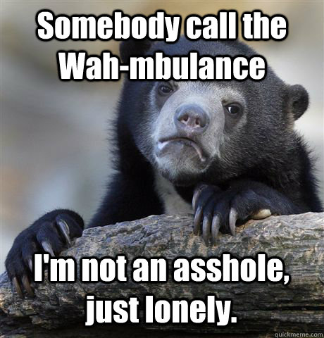Somebody call the Wah-mbulance I'm not an asshole, just lonely.  Confession Bear