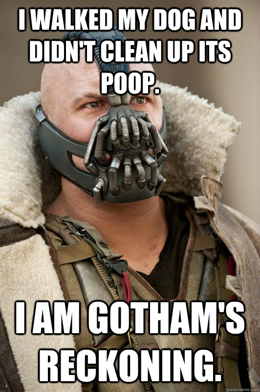 I walked my dog and didn't clean up its poop. I am gotham's reckoning. - I walked my dog and didn't clean up its poop. I am gotham's reckoning.  Bane