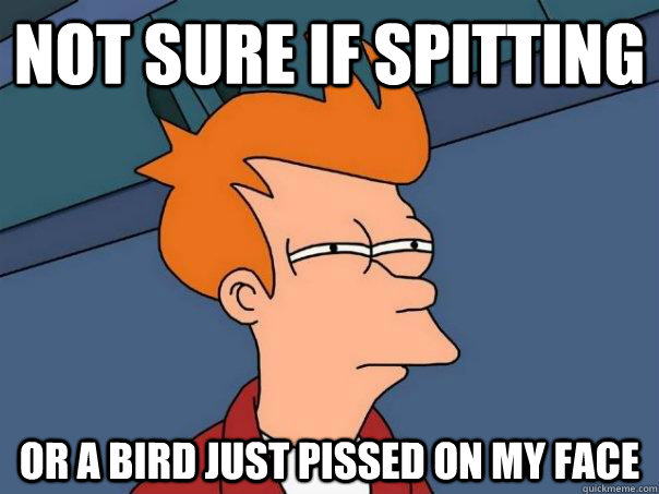 Not sure if spitting Or a bird just pissed on my face  Futurama Fry