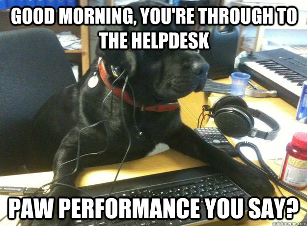 Good morning, you're through to the helpdesk Paw performance you say? - Good morning, you're through to the helpdesk Paw performance you say?  Tech Support Dog