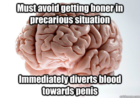 Must avoid getting boner in precarious situation Immediately diverts blood towards penis   Scumbag Brain
