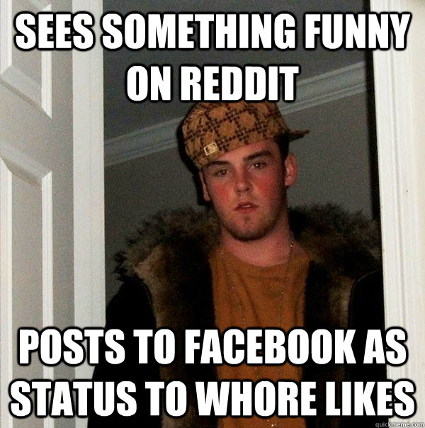 Sees something funny on reddit posts to facebook as status to whore likes  Scumbag Steve