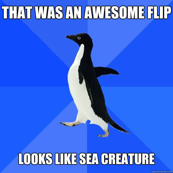 That was an awesome flip   Looks like sea creature  Socially Awkward Penguin