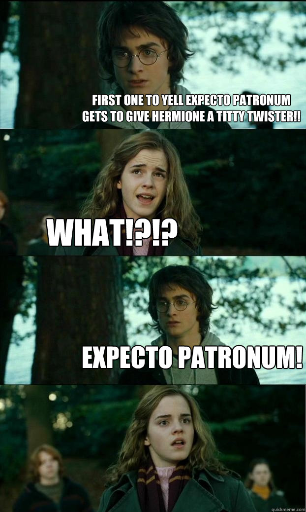 First one to yell expecto patronum gets to give Hermione a titty twister!! what!?!? EXPECTO PATRONUM!  Horny Harry